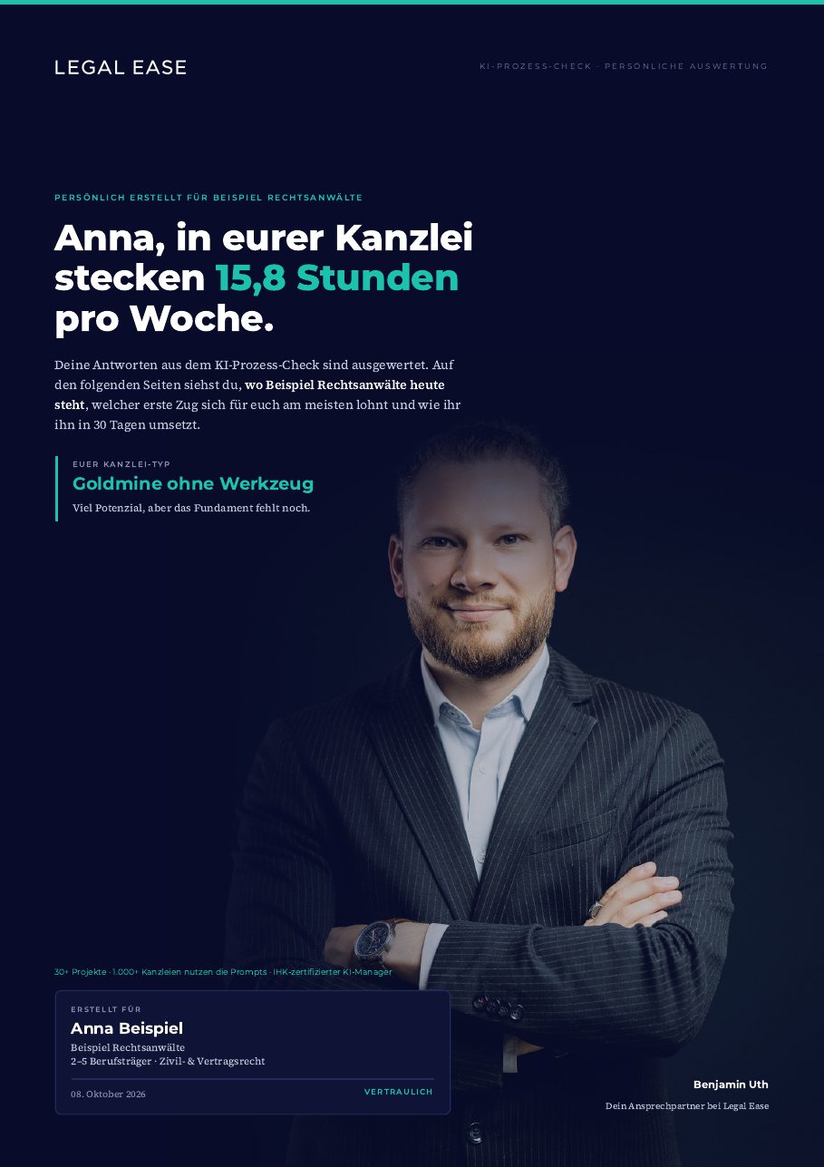 Deckblatt des Ergebnis-Reports: persönlich erstellt für die Kanzlei, mit Stunden pro Woche und Kanzlei-Typ